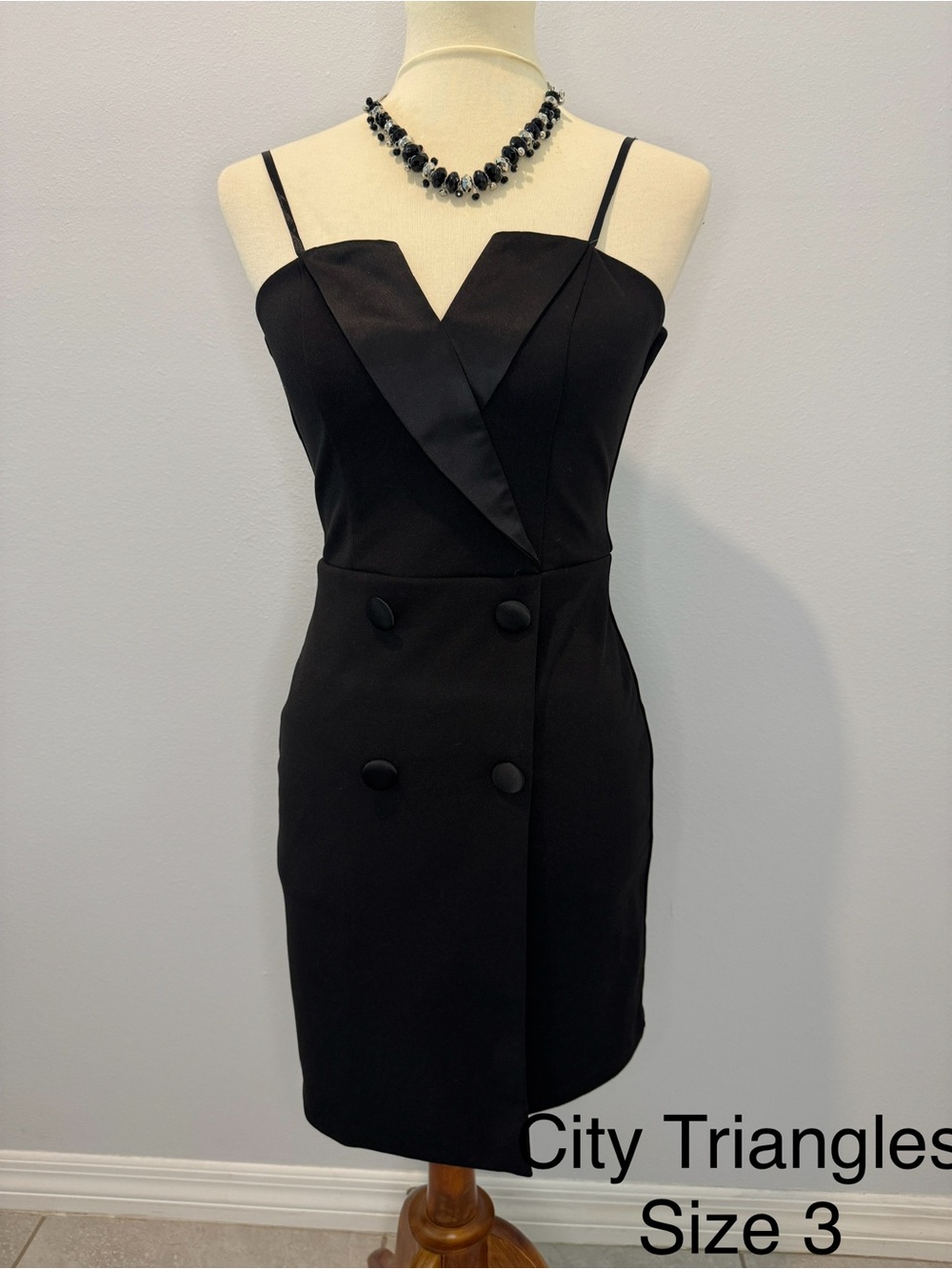 City Triangles Black Satin-Trim Double-Breasted Mini Dress